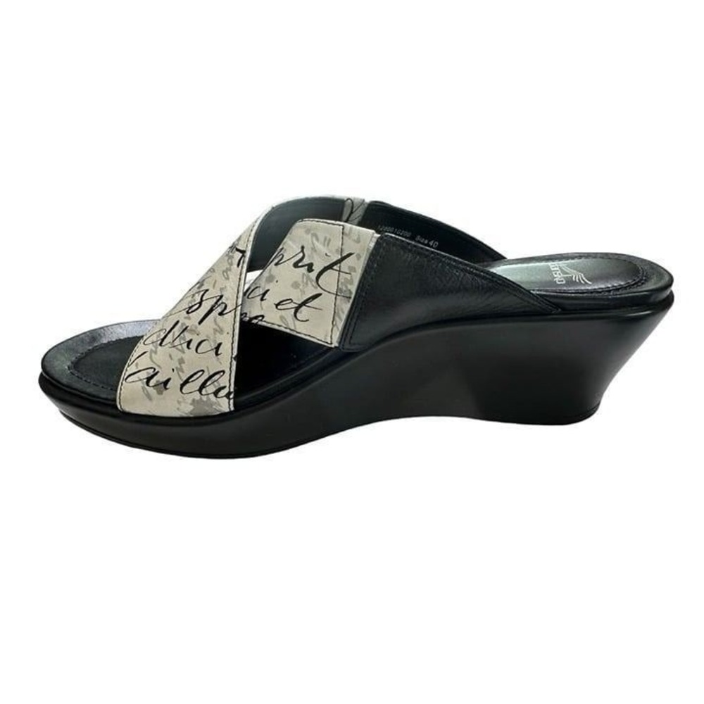 Dansko Women Script Print Wedge Sandals Black White Leather Cross Strap Slide 40 - Picture 7 of 9